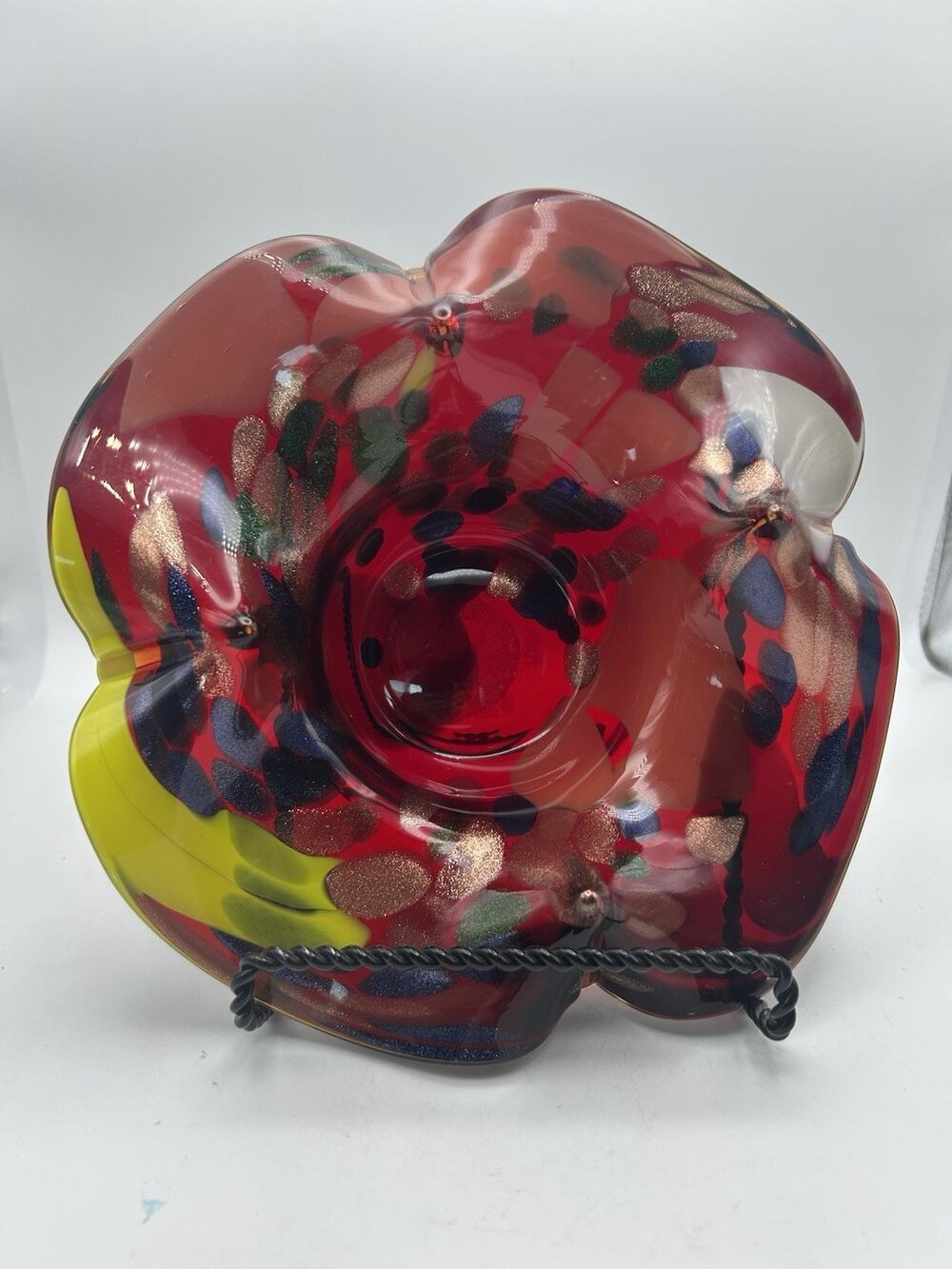 Vintage Hand Blown Studio Art Glass Bowl 9.5” Ruby Red Cased Frit